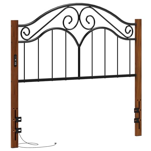 Headboard for Full Size Bed Frame with Charging Station USB & Type C Ports | Vintage Platform Bed Headboard Only,Adjustable,Iron Legs,Easy Assembly,Black - color: Wood Grain+black, size: Full
