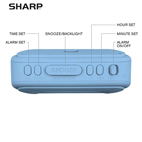Sharp Battery Alarm Clock with Soft-Touch Case and Backlight, Light Blue | Soft-touch rubberized case; Battery operated; Blue backlight on demand; Ascending alarm; Snooze; Easy to use - color: Blue
