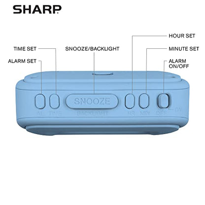 Sharp Battery Alarm Clock with Soft-Touch Case and Backlight, Light Blue | Soft-touch rubberized case; Battery operated; Blue backlight on demand; Ascending alarm; Snooze; Easy to use - color: Blue