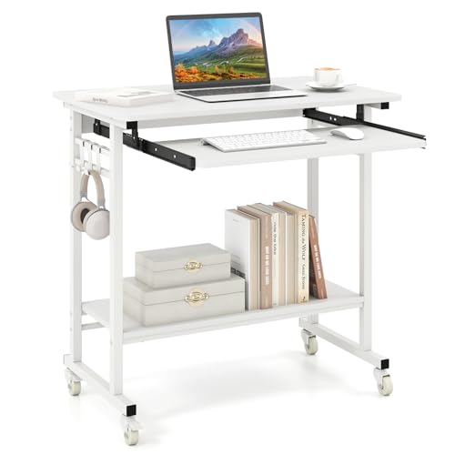 GIANTEX Rolling Computer Desk, Mobile Portable Desk with Keyboard Tray & Wheels, Laptop PC Table Cart with Shelf & Hooks, Industrial Small Desk for Small Spaces, Home Office, Bedroom, White - color: White