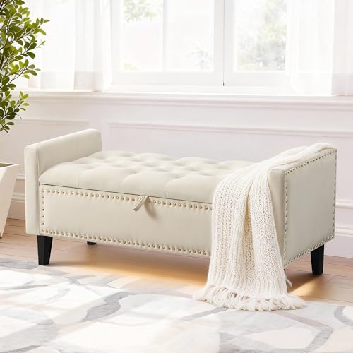 47in Velvet Storage Ottoman Bench with Arms, Upholstered Storage Bench with Wooden Legs, Storage Bench for Bedroom, Living Room, Beige - color: Beige