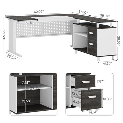 Tribesigns 63 Inch Executive Desk with File Cabinet, L Shaped Office Desk with Drawers and Storage Shelves, Business Furniture Set Workstation for Home Office, Gray and White - color: White and Gray