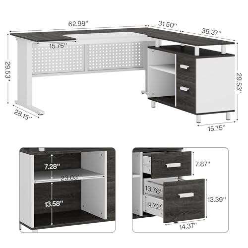 Tribesigns 63 Inch Executive Desk with File Cabinet, L Shaped Office Desk with Drawers and Storage Shelves, Business Furniture Set Workstation for Home Office, Gray and White - color: White and Gray
