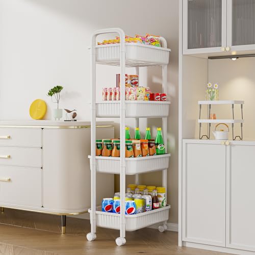 JOYZAN 4 Tier Rolling Carts with Wheels, Utility Cart with Handle and Locking Caster, Storage Cart for Kitchen, Office, Bedroom, Suitable for Diaper, Art Tools, Snack, Craft Storage Cabinet, White - size: White-4 Tier