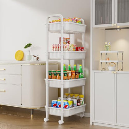 JOYZAN 4 Tier Rolling Carts with Wheels, Utility Cart with Handle and Locking Caster, Storage Cart for Kitchen, Office, Bedroom, Suitable for Diaper, Art Tools, Snack, Craft Storage Cabinet, White - size: White-4 Tier