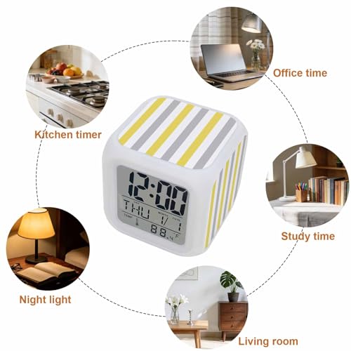 Digital Alarm Clocks for Bedroom,Minimalist Yellow Grey White Striped Cube Alarm Clock with Snooze and Nightlight Abstract Geometric Line Silent Office Desk Clock Time/Date/Temperature Display - color: Yellow