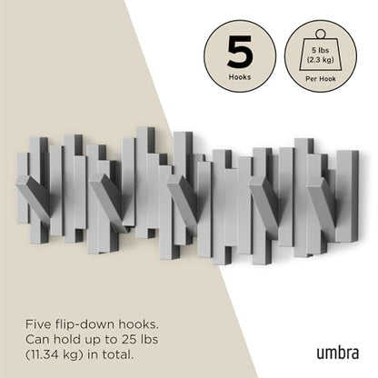 Umbra Sticks Wall Mount Coat Rack, 5 Hook Retractable Pegs, Grey | Mounting hardware included, sculptural modern design, entryway or bedroom use, recycled plastic - color: Gray, size: 5-Hook