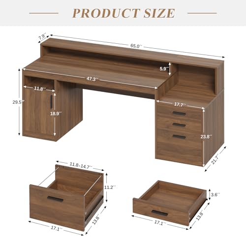 65" Computer Desk with 3 Drawers & Printer Shelf for Home Office | Office Desk with Printer Shelf & File Drawer, Executive Desk Writing Study Table with Monitor Stand, Brown - color: Brown