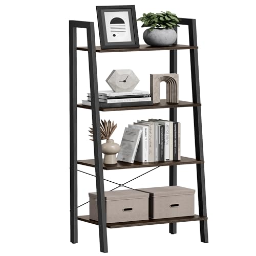 VASAGLE BARNET Collection - Ladder Shelf, Bookshelf, Storage Rack, Modern Bookcase for Living Room Home Office Kitchen, Steel Frame, 4-Tier, 22-Inch Wide, Hickory Brown and Ink Black ULLS44BF - color: Hickory Brown + Ink Black, size: 4 Tiers (22"W), style