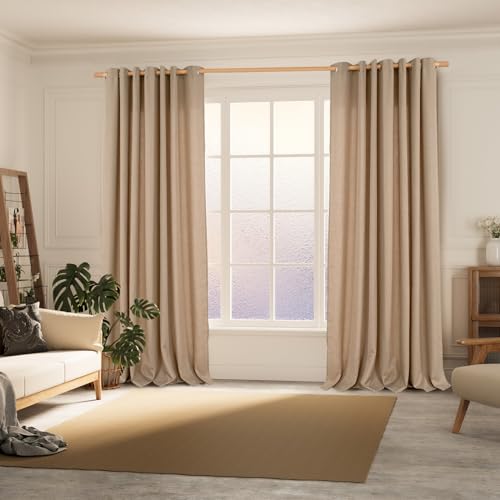 BGment Tan Curtains 84 Inches 2 Panels for Living Room | Faux linen Burlap Texture,Farmhouse,Light Filtering,Semi Sheer,Privacy,Window Drapes,42 x 84 Inch - color: Tan, size: 42"W x 84"L (Pack of 2)