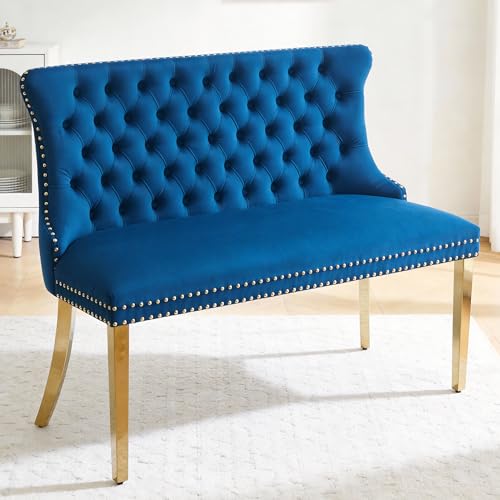 Velvet Upholstered Dining Bench with Back,Luxury Tufted Small Love Seat Settee Sofa Benches,Wingback Banquette Seating Bench with Nailhead Trim Stainless Steel Legs (1, Blue+Gold) - color: Blue+gold