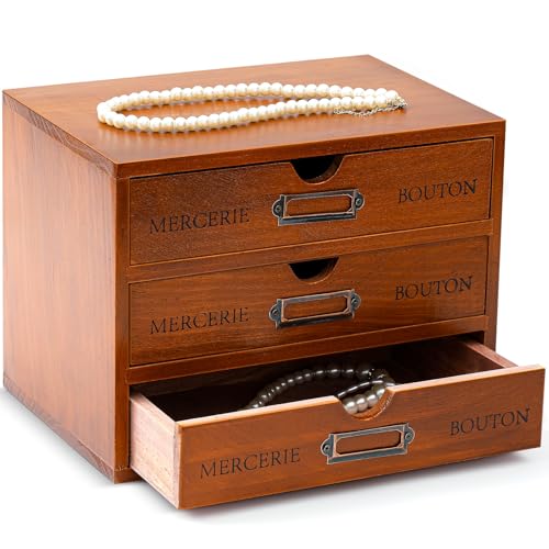 Wesiti Small Wooden Desk Organizer with 3 Drawers, Compact Vintage Apothecary Storage Box for Jewelry, Makeup, Essential Oils, Rustic Trinket Organizer for Bedroom Dresser Vanity, Brown - color: Brown, size: 3 Drawers