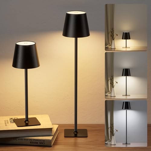 JACKYLED Cordless Table Lamps Rechargeable, 3 Adjustable Height, 5000 Capactiy Operated, 3 Colors Smooth Dimming, Portable LE - color: Black, size: 2 Pack-Square Base