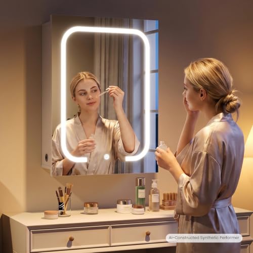 Lighted Bathroom Medicine Cabinet with Mirror, LED Bathroom Vanity Mirror with Storage, 3 Color Temperatures, Wall Mounted Bathroom Cabinet, Adjustable Shelves, Touch-Sensitive Control, White