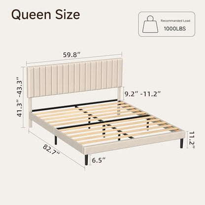 Queen Velvet Bed Frame with Vertical Channel Tufted Headboard Beige | Upholstered Platform Bed, No Box Spring Needed, Noise-Free, Strong Wooden Slat, Durable Metal Frame, Easy Assembly - color: Beige, size: Queen