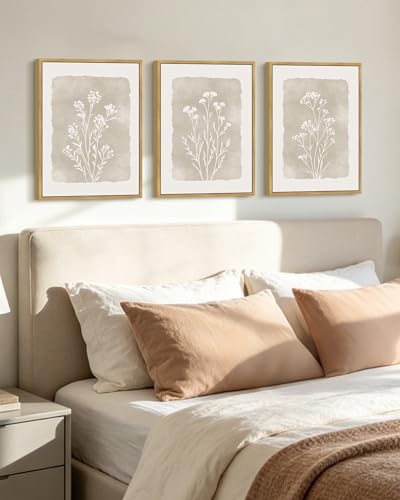 KUVIOKE Boho Botanical Flower Framed Wall Art Farmhouse Vintage Floral Wall Painting Rustic Wildflower Neutral Prints for Living Room Bedroom 12x16in (Natural Framed) - color: Watercolor Flower, size: 12 x 16in x 3 Panels Natural