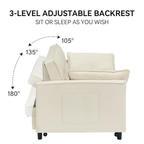 3 in 1 Convertible Sleeper Sofa Bed, Velvet Loveseat Futon Pull-Out Couch with Adjustable Reclining Backrest, Side Pockets and Pillows for Living Room, Bedroom, Apartment, Small Spaces (Beige-Velvet) - color: Beige-velvet