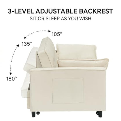 3 in 1 Convertible Sleeper Sofa Bed, Velvet Loveseat Futon Pull-Out Couch with Adjustable Reclining Backrest, Side Pockets and Pillows for Living Room, Bedroom, Apartment, Small Spaces (Beige-Velvet) - color: Beige-velvet