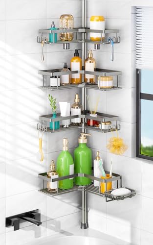 HAMITOR Shower Organizer Tension Pole: 4 Tier L-Shaped Corner Bath Shelf | Rustproof Corner Caddy with Soap Holder & Hooks, No-drill Adjustable Bathroom Rack for Apartment, Small Spaces, 47-123In - color: Silver Gray