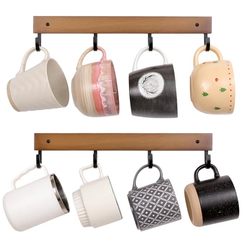 SCUNDA Mug Hook for Wall, 180° Swivel Hooks for Cups, Wooden Wall Mounted Rotatable Hooks for Hanging Mugs, Hats, Keys, Kitchen Utensils, Robe, Towel, Strong Metal Hook with Wood Base (2, Brown) - color: Brown