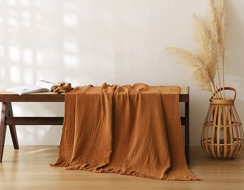 100% Cotton Muslin Throw Blanket for Bed, Couch, Travel, Luxuriously Soft, Pre-Washed, Breathable and Lightweight Gauze Blanket with Tassels, Suitable for All Seasons, Rust, 50"x60" - color: Rust