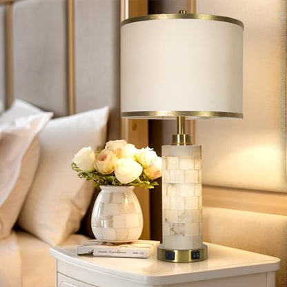 KIVDITZO 27" Alabaster Table Lamps Set of 2 for Living Room Bedroom | Bedside Lamps with Night Light, Nightstand Lamp with USB A+C Ports, Modern Table Lamp with Linen Shade, Bulbs Included - color: White