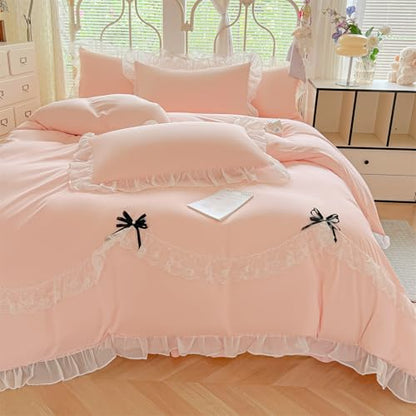 MOOWOO Lace Ruffled Bedding Setwith Cute Bowtie- 3PC(1 Full Duvet Cover 80x90 Inch, 2 Pillowcases) Aesthetic Bedding for Romantic French Wedding - color: Pink, size: Full