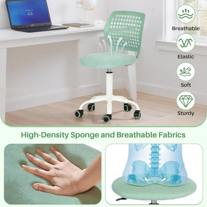 FurnitureR Armless Desk Chair with Wheels, Ergonomic Adjustable Height Swivel Task Chair with Breathable Back and Padded Seat, Rolling Study Computer Seating for Kids Teens, Mint Green - color: Mint Green