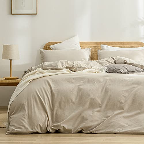 BESTOUCH Cotton Solid Duvet Cover Set Linen Feel Almond Milk Grey Queen | 100% Washed Cotton, Soft Wrinkle Texture, Hidden Zipper, 8 Ties, Breathable Lightweight Durable Comfy, 3 Pcs No Insert - color: Almond Milk Grey (No Comforter), size: Queen (90" X 9