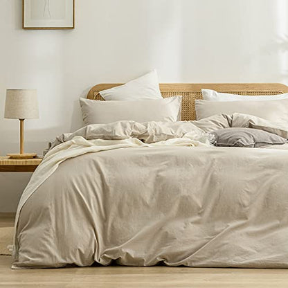 BESTOUCH Cotton Solid Duvet Cover Set Linen Feel Almond Milk Grey Queen | 100% Washed Cotton, Soft Wrinkle Texture, Hidden Zipper, 8 Ties, Breathable Lightweight Durable Comfy, 3 Pcs No Insert - color: Almond Milk Grey (No Comforter), size: Queen (90" X 9
