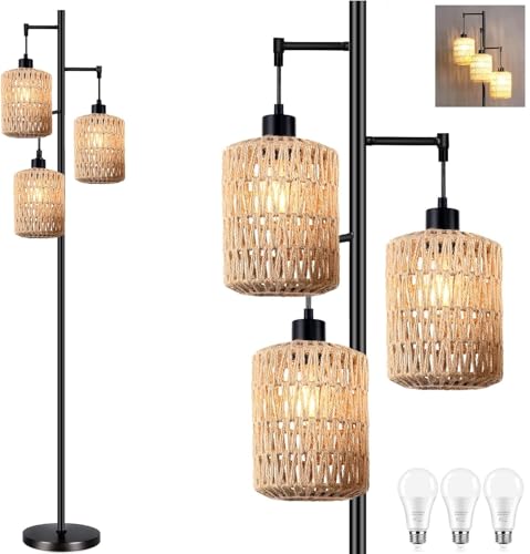 QIYIZM Floor Lamp for Living Room,Bedroom,3-Lights Boho Rattan Tree Floor Lights,Industrial Black Farmhouse Standing Lamp Wicker Rustic Tall Lamp,Woven Bamboo LampShade Floor Lamps Bohemian - size: 20-Floor Lamp