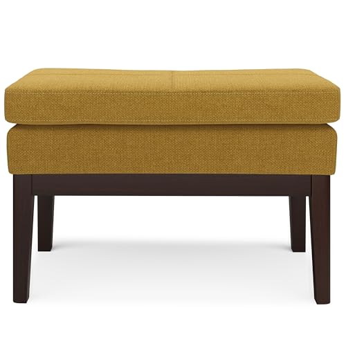 SIMPLIHOME Carlson 27" Wide Woven Fabric Rectangle Ottoman in Marigold | Mid-century modern ottoman with a padded seat for extra seating in bedroom or entryway; footstool, footrest. - color: Marigold, style: Small Ottoman Bench