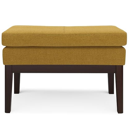 SIMPLIHOME Carlson 27" Wide Woven Fabric Rectangle Ottoman in Marigold | Mid-century modern ottoman with a padded seat for extra seating in bedroom or entryway; footstool, footrest. - color: Marigold, style: Small Ottoman Bench