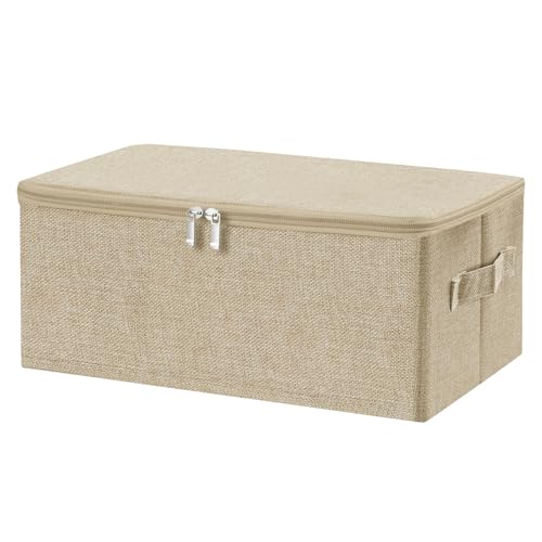 ANMINY Fabric Storage Bins with Zipper Lids, 15"x10"x6", Beige, 1 PCS | 15.6Qt Cotton Linen Storage Box, PP Board Frame, Washable Collapsible, with Handles & 3-side Open Lid, Stackable, Small - color: Beige, size: Small (Pack of 1)