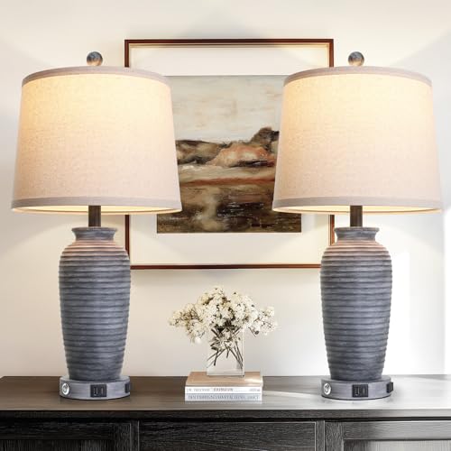 CINSARY 25" Retro Distressed Black Farmhouse Jar Table Lamps Set of 2, 3 Way Touch Control Rustic Bedside Lamps with USB A+C Ports & AC Outlet, Pot Nightstand Lamps for Bedroom Living Room - color: Distressed Black