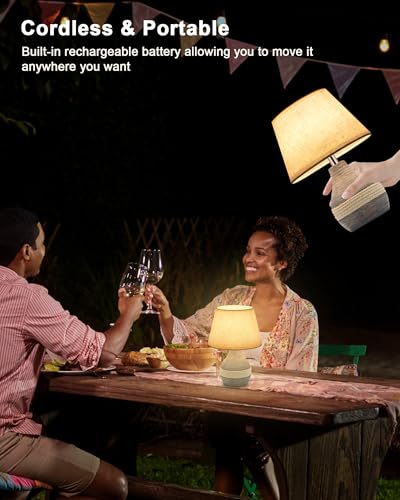 UMEXUS 10" Small Ceramic Cordless Table Lamp, Rechargeable Battery, Coastal | Timer, Dimmer, Linen Shade, Remote Control RGB & Warm Lights, Farmhouse Home Decor Kitchen Counter Living Room Side Table - size: 10"H Mini - Rope accent design