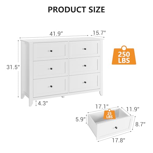 GarveeHome White 6 Drawer Dresser for Bedroom | Chest of Drawer Dresser for 48 in TV, Modern Wood Organizer TV Stand for Living Room, Closet Storage, Entryway, Hallway - color: White, size: 15.7"D x 41.9"W x 31.5"H (6 Drawers)