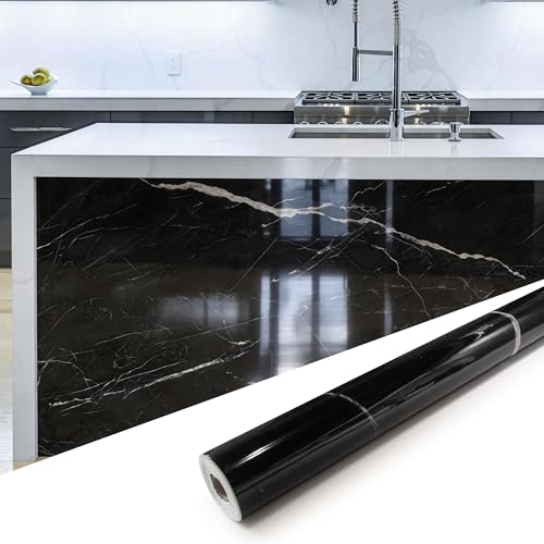Marble Peel and Stick Waterproof Wall Paneling, 118" x 47" Black Marquina Glossy Finish Self-Adhesive Backsplash Tile Vinyl Wall Panel for Kitchen Bathroom Wall Decor, Covers 38.75 Sq. Ft. - color: Glossy Black Marquina