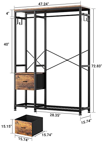 Clothes Rack with 2 Rods, Shelves, Drawers & Hooks, Garment Rack | Clothes rack with 2 hanging rods (50lbs each), 2 shelves, 2 fabric drawers & 4 hooks. 300lb total capacity. Fits small spaces - color: Rustic Brown