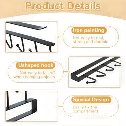 1PC Under Cabinet Mug Rack Hanger, Black Steel Cup Hook Holder for Coffee Mugs, Utensils, Keys, Scarves Fits 0.8" Cabinets Space-Saving Home Organization