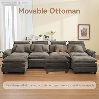 134'' Cloud Modern 4 Seater Couch with Detachable Headrest, Modular Sectional Sofa with 2 Ottomant, Oversized U Shape Chenille Comfy Sofa with Armrests for Living Room, Brown - color: Brown, size: U Shaped Couch