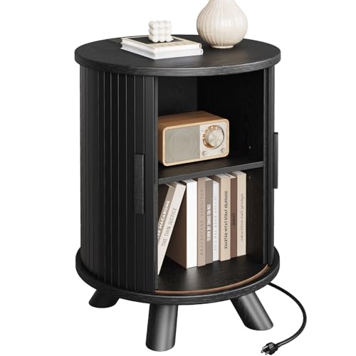 Round End Table with Storage - Fluted Side Table with Charging Station, Wood Nightstand with Sliding Tambour Door for Bedroom, Accent End Tables Living Room, Modern Bedside Table, Black