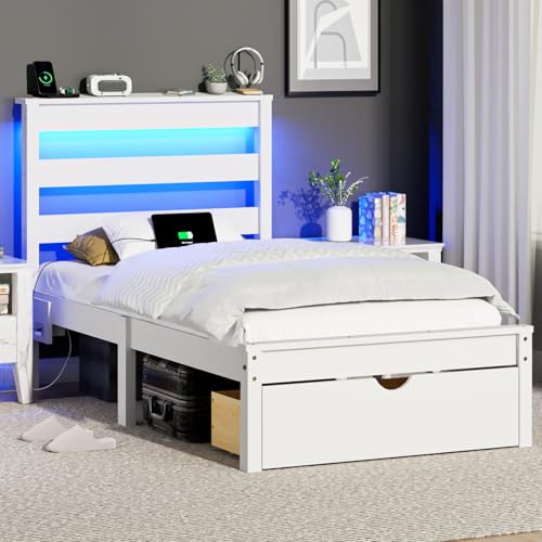Bonnlo Solid Wood Twin Bed Frames with Headboard Shelf Storage,LED Lights,Charging Station, Platform Bed with Drawer,Easy Assembly,White - color: White, size: Twin /Shelf /Drawer