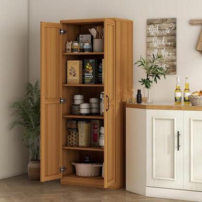 HOMCOM 63" 2-Door Kitchen Pantry 5-Tier Teak Wood Grain | Freestanding Storage Cabinet, Shelving, 2 Adjustable Shelves, for Dining Room - color: Teak Wood Grain