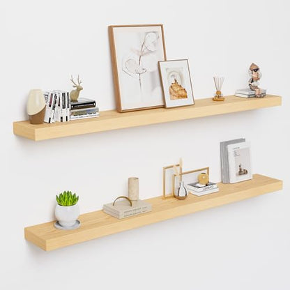 60 inch Long White Oak Floating Shelves for Wall, 8in Deep, Set 2 | 2" Thick Wood Wall-Mounted Shelf, Fireplace Mantel, Bathroom Bedroom Kitchen Living Room, Heavy Duty Bracket, 50LBS Capacity - color: White Oak, size: 60 x 7.9 x 2 (2pc)