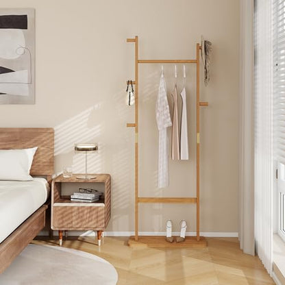 Solid Wood Coat Rack Freestanding, 71" Heavy Duty Clothes Rack with Dual Rods & Hooks, Stable Space Saving Hall Tree Entryway Organizer for Bedroom, Living Room (Natural) - color: Natural