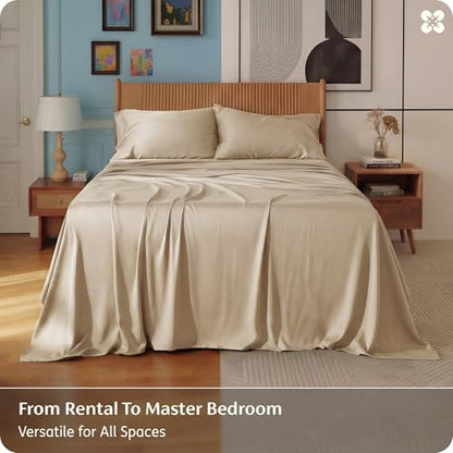 Bedsure PureWoven 100% Rayon Derived from Bamboo, Queen Sheets, 4 Pieces | Cooling Sheets for Hot Sleepers, Breathable & Silky Soft, 16" Deep Pocket, Hotel Luxury Bedding, Beige - color: 03 - Beige, size: Queen