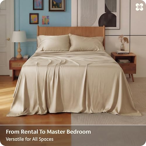 Bedsure PureWoven 100% Rayon Derived from Bamboo, Full Size Sheets, 4 PCS | Cooling Sheets for Hot Sleepers, Breathable & Silky Soft, 16" Deep Pocket, Hotel Luxury Bedding, Beige - color: 03 - Beige, size: Full