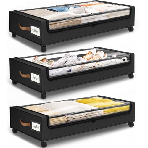 Under Bed Storage with Wheels 3Pack Storage Containers with Clear Window | Under Bed Drawers Rolling Under Bed Storage for Clothes,Shoes, Blankets (30.71 x 16.93 x 6.69 in, Black) - color: Black, size: 3 Pack