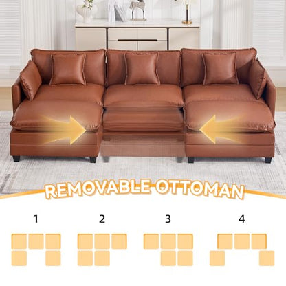 111'' Sectional Cloud Deep Seat Couch, Oversized Leather U Shaped Sectional Sofa for Living Room Set, Comfy Upholstered Modular 5-Seats Sectional Sofa Couch with 2 Movable Ottoman, Leather Brown - color: Pu-dark Brown, size: 111'' U Shape